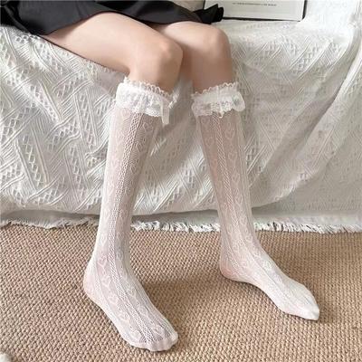 1 Paar Kant Middenhoge Sokken Dames Lolita Retro Dames Liefde Jacquard Prinses Sok Wit Ademend Anti-Haak Zijde Meisjessokken