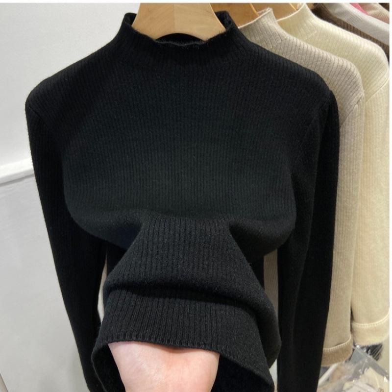 Damen Winter Strickpullover mit Samtfutter - Halber Rollkragen, Einfarbig, Warmes Innenoberteil