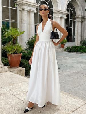 Women Floral V Neck Boho Maxi Dress Halter Tie Flowy A Line Beach Wedding Guest Dresses Tiered Sundress with Pockets