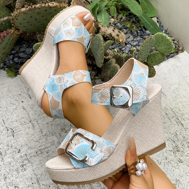 Spring and summer new buckle fashion wedge sandals printed muffin thick-soled fish mouth sandals women