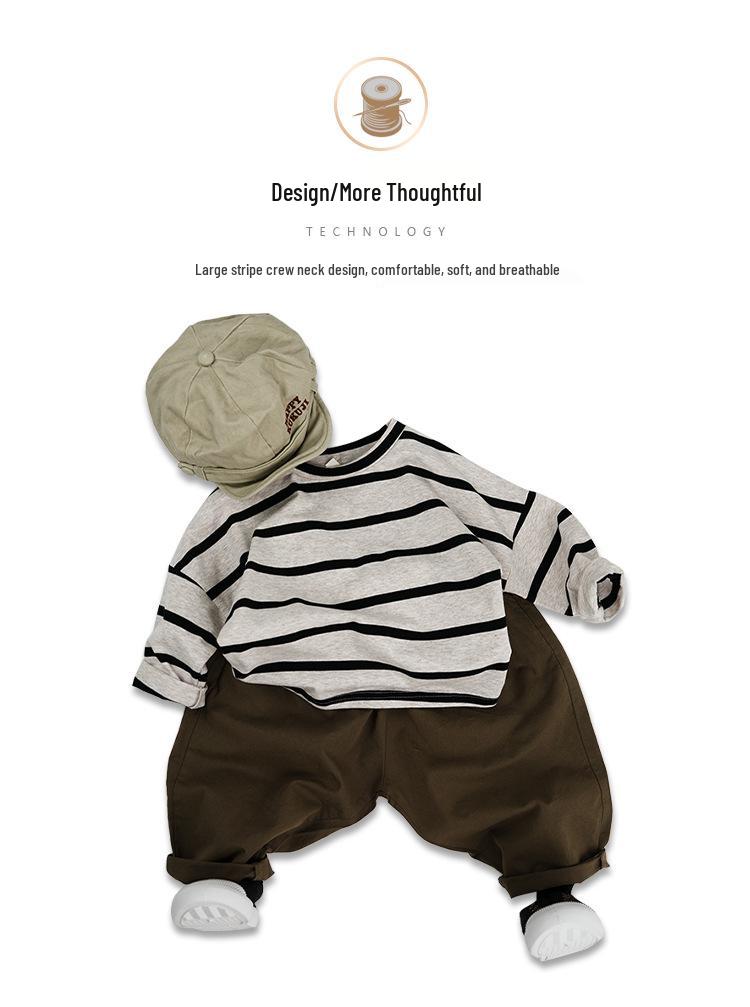 T-shirt a righe in cotone unisex per bambini coreani - Casual Primavera/Autunno Girocollo