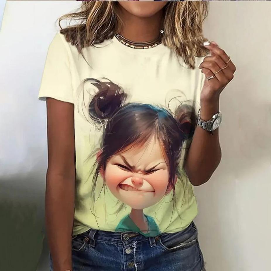 Summer Women's T Shirt Anime Girl Pattern Print Casual Short Sleeve Pullover Fashion Streetwear Cute Girl Tee Female Clothing