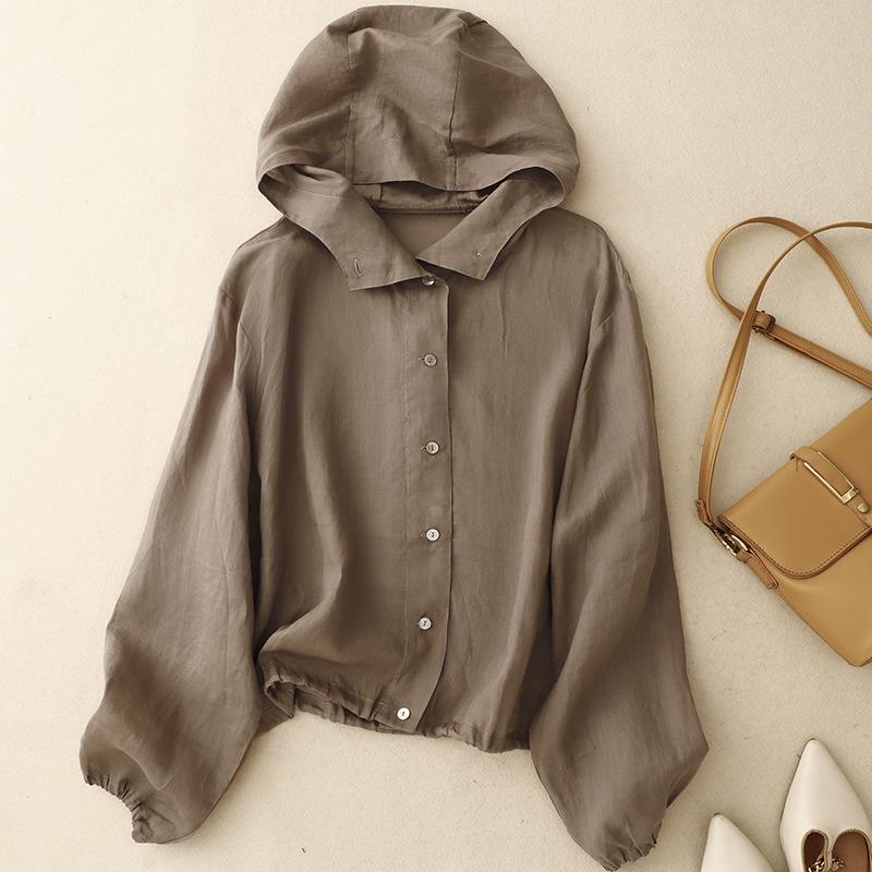 

Женская летняя тонкая хлопковая и льняная короткая куртка, свободный кардиган с капюшоном и длинными рукавами, солнцезащитный кардиган M