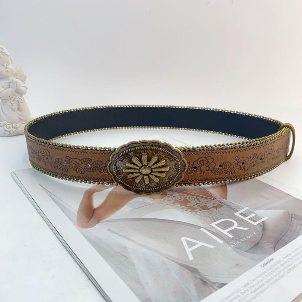 Zinc Zinc Alloy Cowgirl Buckle Belt Vintage Flower PU Hollow Belt Fashion Cowboy Waistband  Dress Decoration