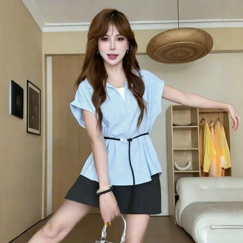Ladies' Blue Striped Shirt Women's Waist Cinching Tie Short Sleeves Blouse Summer Female New Korean Version Slimming Top
