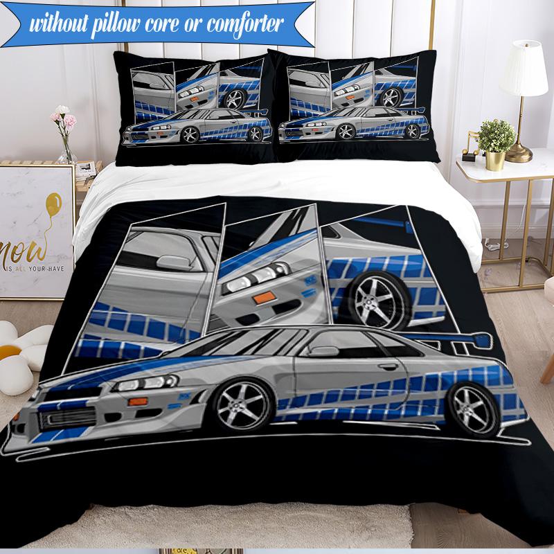 3PCS Skyline Blue Racing Spirit Speed Style Bedding Set 2D Printing (Includes 1 Duvet Cover + 2 Pillowcases Coreless), Bedroom decor,Fan gift