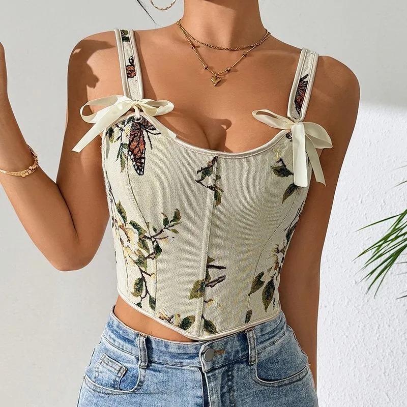 Women Butterfly Floral Print Bow Tie Corset Crop Top S абрикосовый