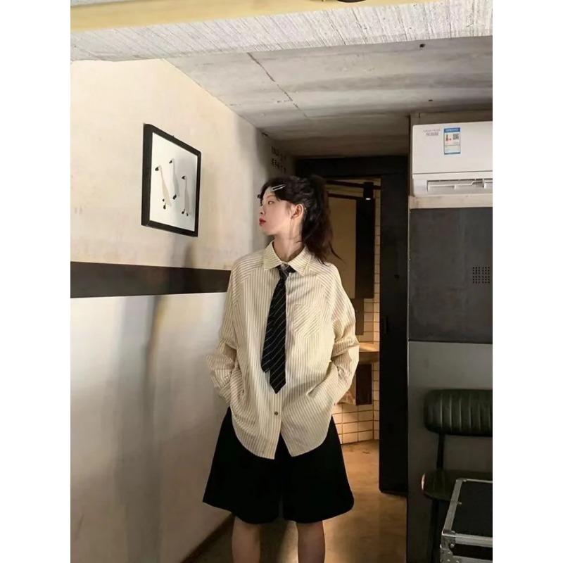 Modisches Streifenhemd, elegante Damenblusen, langärmelig, Geschenk, Krawatte, übergroße Oberteile für Frauen, Sommerbluse, Vintage