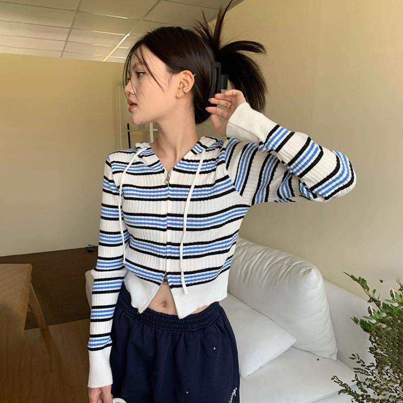 Hooded Stripe Double Zip Small Short Long Sleeve T-Shirt Top - One Size Pink