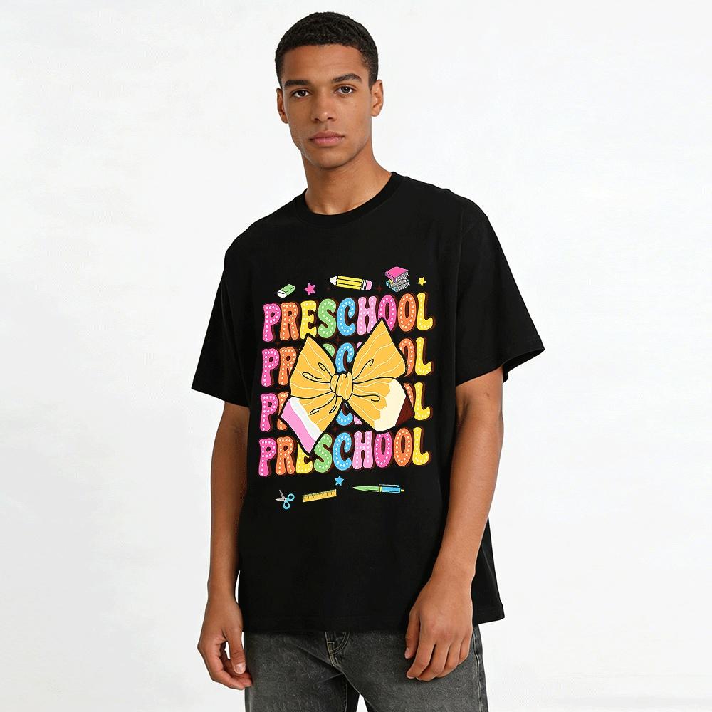 Preschool Bow Pencil Print Kids Tshirt Back To School Graphic Top Pure Cotton T-shirt
