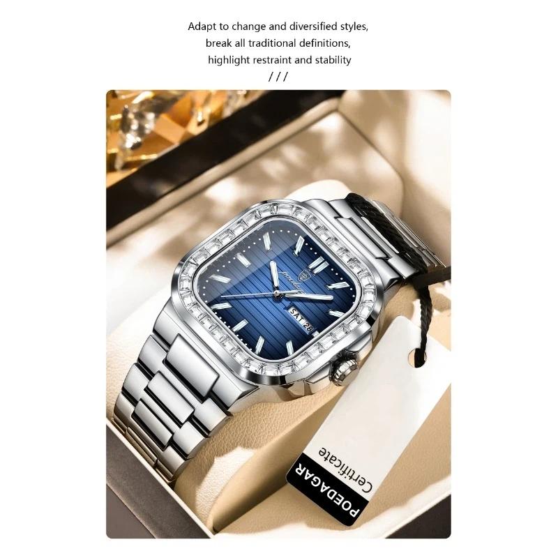 POEDAGAR Top Brand Luxury Watch for Men Waterproof Luminous Date Week Wristwatch Stainless Steel Square Quartz Watches