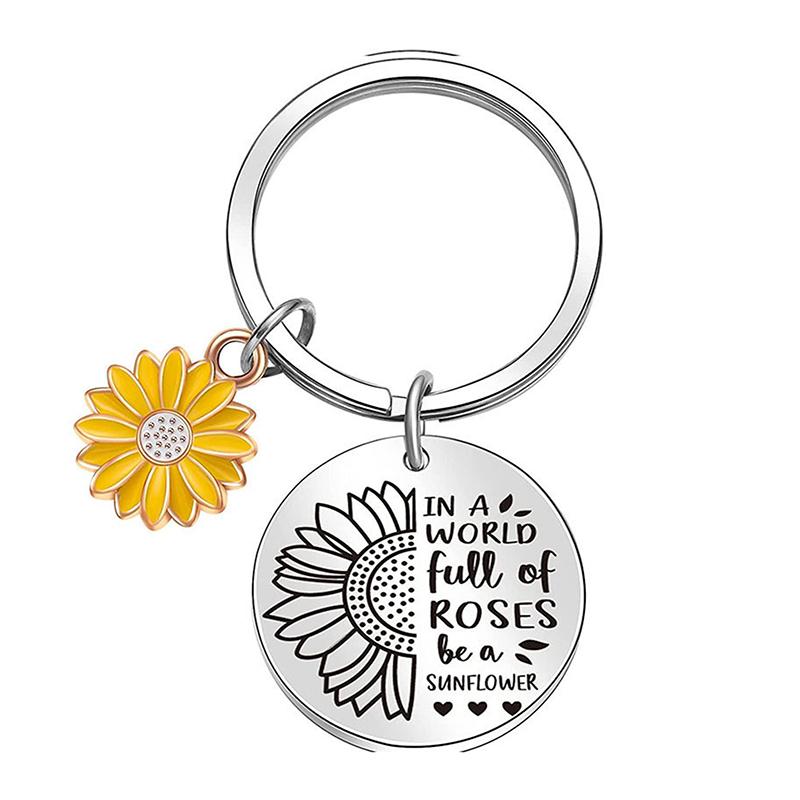 Sunflower Pendant Metal Stainless Steel Keychain For Parents Teachers Handmade Jewelry Gift Key Decoration
