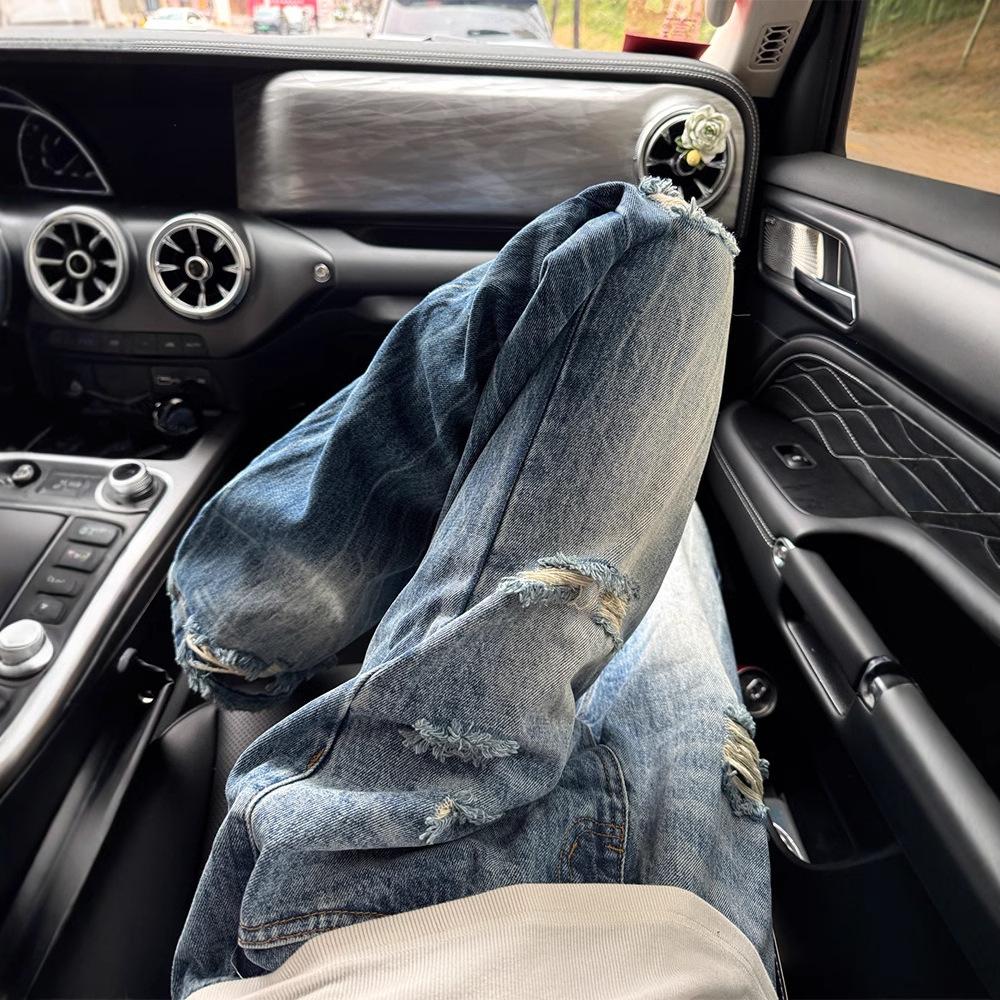JYL Men's Straight Jeans American Vintage Ripped Casual Vintage Loose Denim Pants