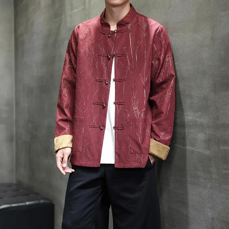 Men Retro Jacket Man Chinese Style Stand Collar Coats Male Copper Button Tang Suit Mens Youth Large Size Hanfu Vintage Outerwear