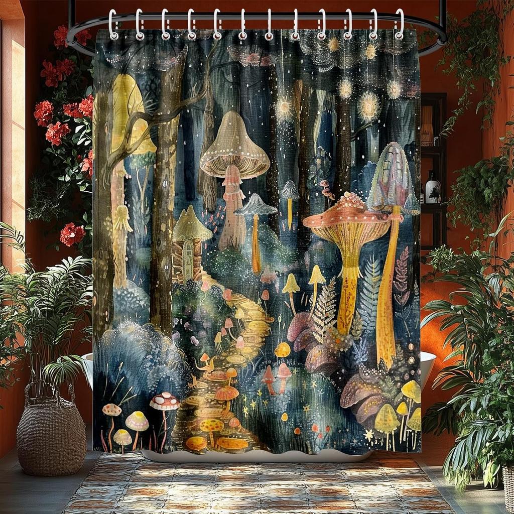 Jaipur Gartenduschvorhang, Badezimmerdekor im indischen Malstil, Wasserdichter Stoffvorhang mit Haken, Vintage Floral Boho