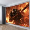 2D Burning Battle Scene Tapestry Armored Fantasy Warrior with Hammer Wall Decor Cloth for Home & Bedroom