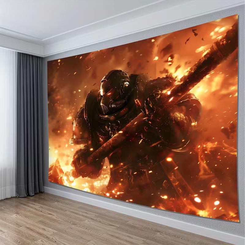 2D Burning Battle Scene Tapestry Armored Fantasy Warrior with Hammer Wall Decor Cloth for Home & Bedroom