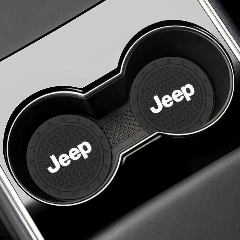 AIN4 2Pcs Silicone Car Cup Mats Anti Noise Coaster Auto Accessories For Jeep Grand Cherokee Wrangler JK Gladiator Compass Renegade