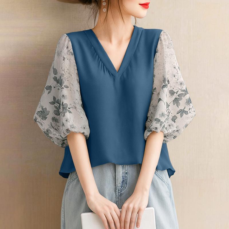 

ZANZEA Женская повседневная блузка с V-образным вырезом, рукавом 3/4 и свободного кроя темно-синий