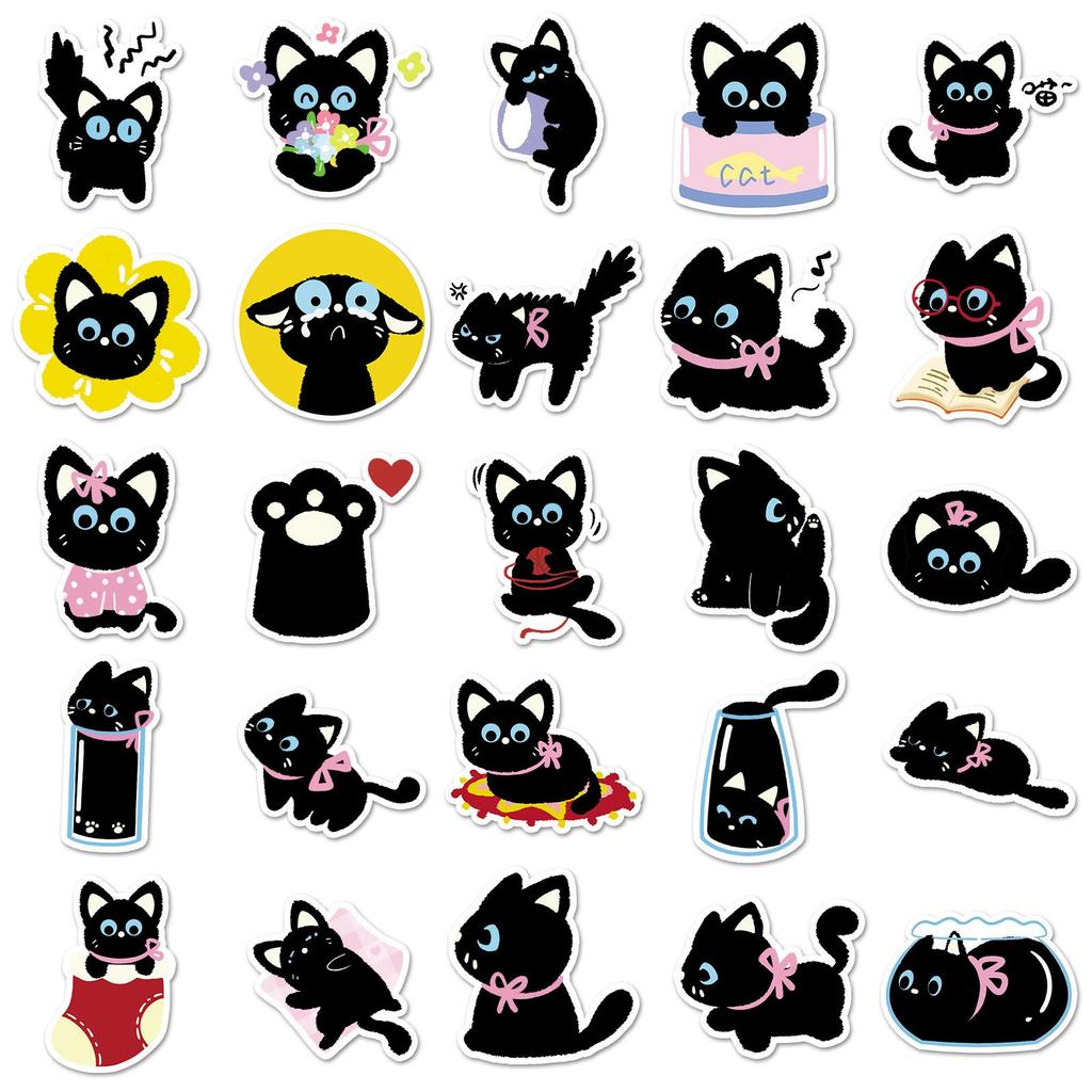50 Original Hand-drawn Black Cat Stickers - Cute Kitten Stationery for Journals & Water Bottles.