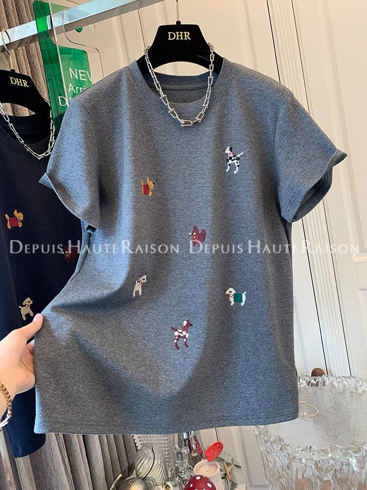 

Женский свободный топ большого размера с вышивкой щенка - Весна/Лето 2025 Футболка с коротким рукавом 4XL серый