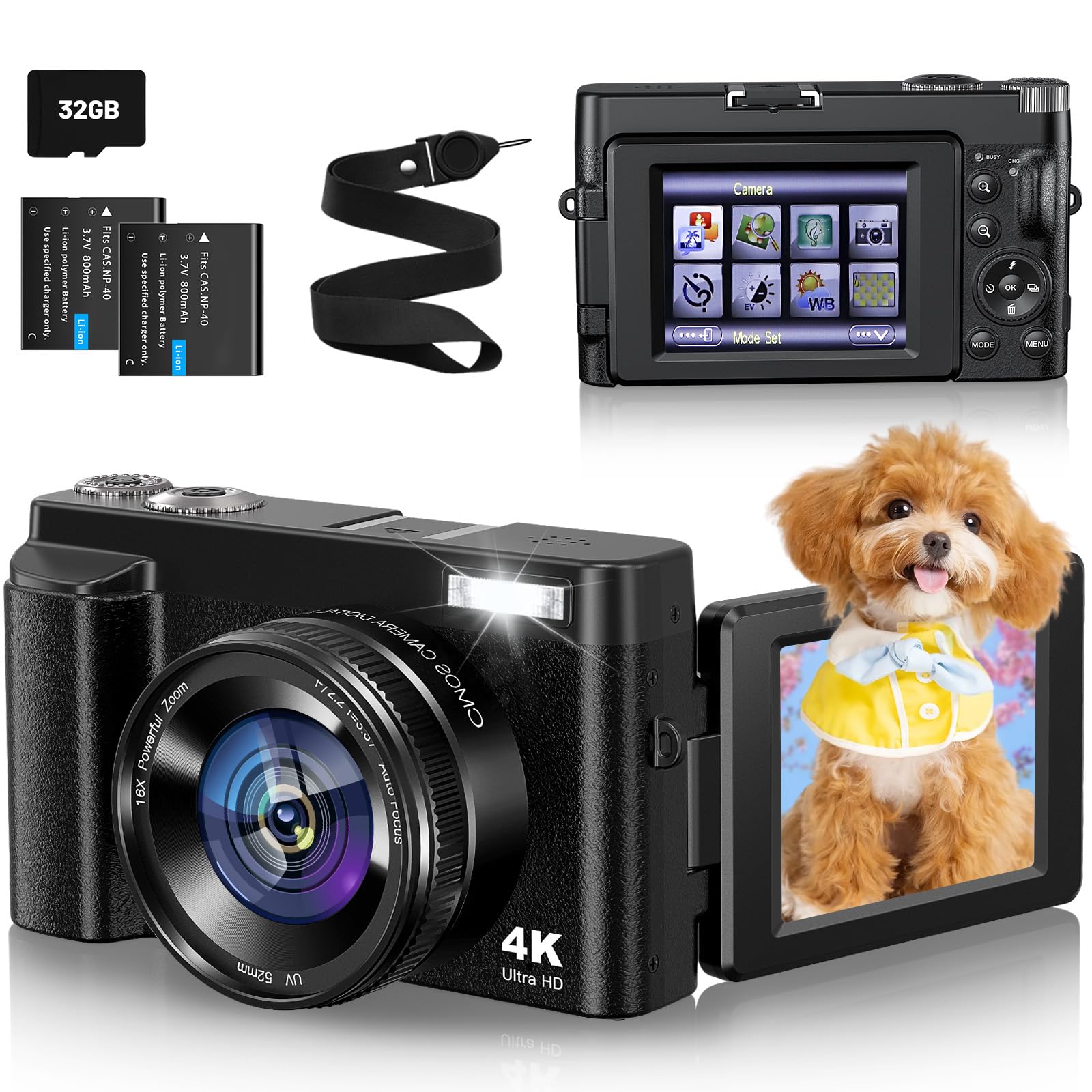

4K Digital Camera with 48MP Recording, 180° Rotation, Autofocus, 16x Digital Zoom, Image Stabilization, Continuous Shooting, Selfie Capability,