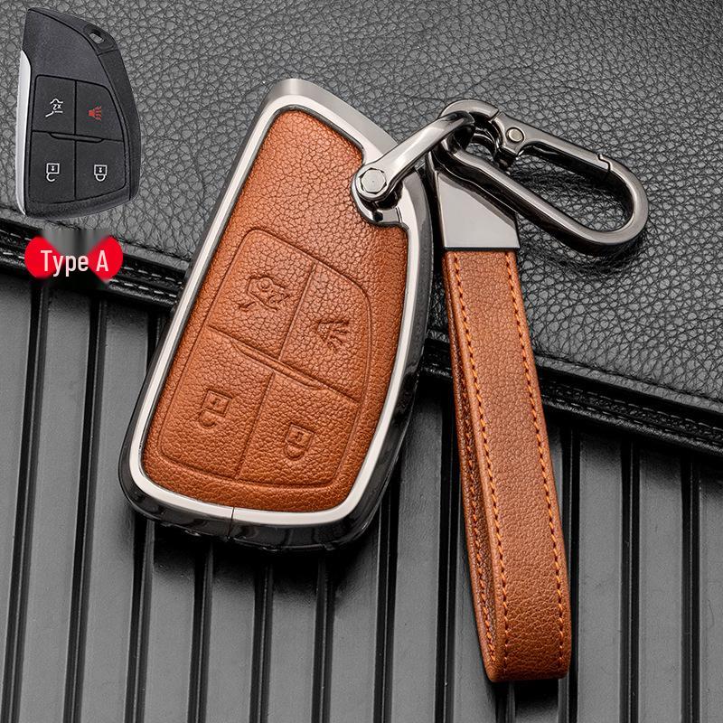Leather Alloy Key Case for 2021-2022 Buick Envision - Metal Full Wrap, Double-Sided Protection