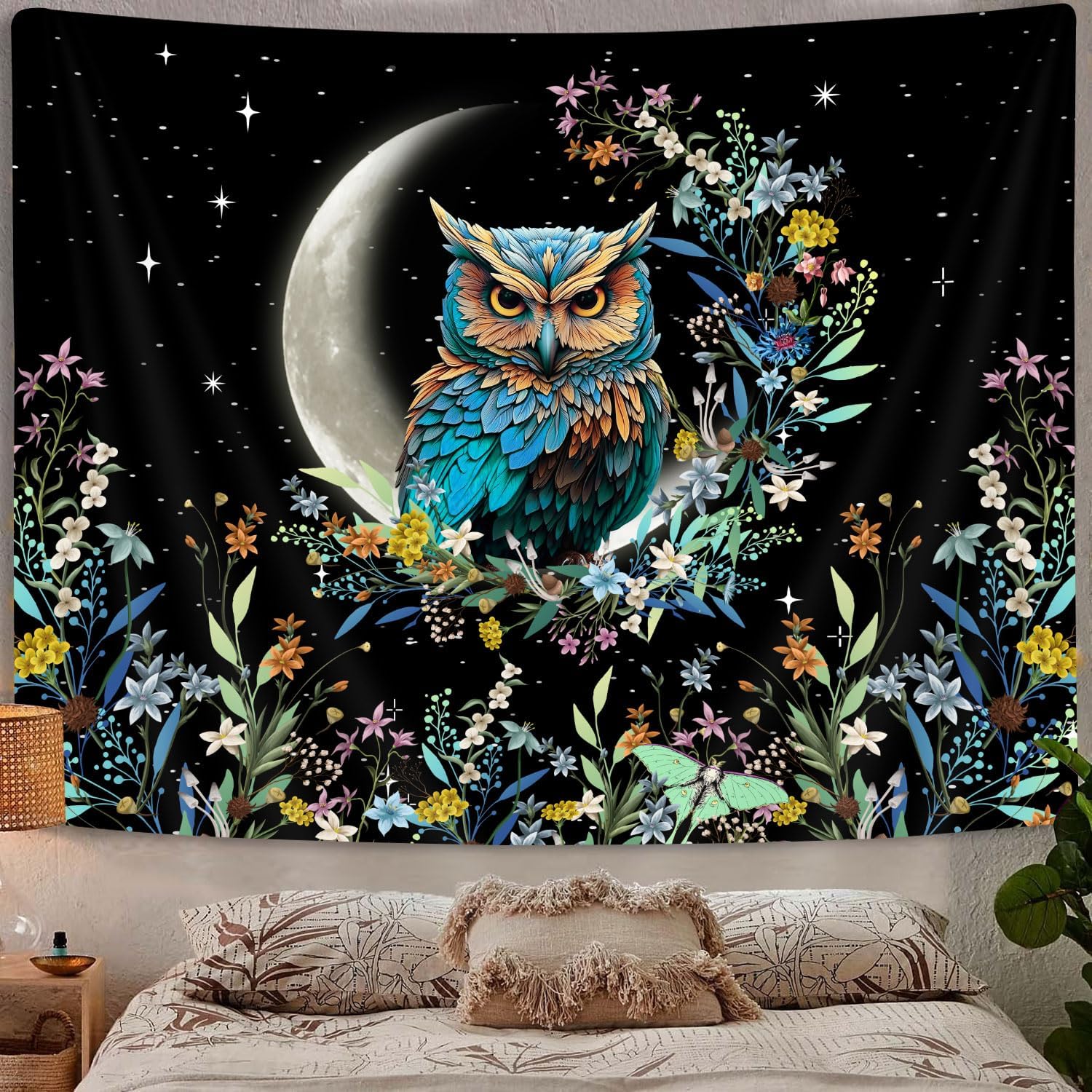 Boho tapestry owl floral aesthetic moon cute 75x100 чёрный