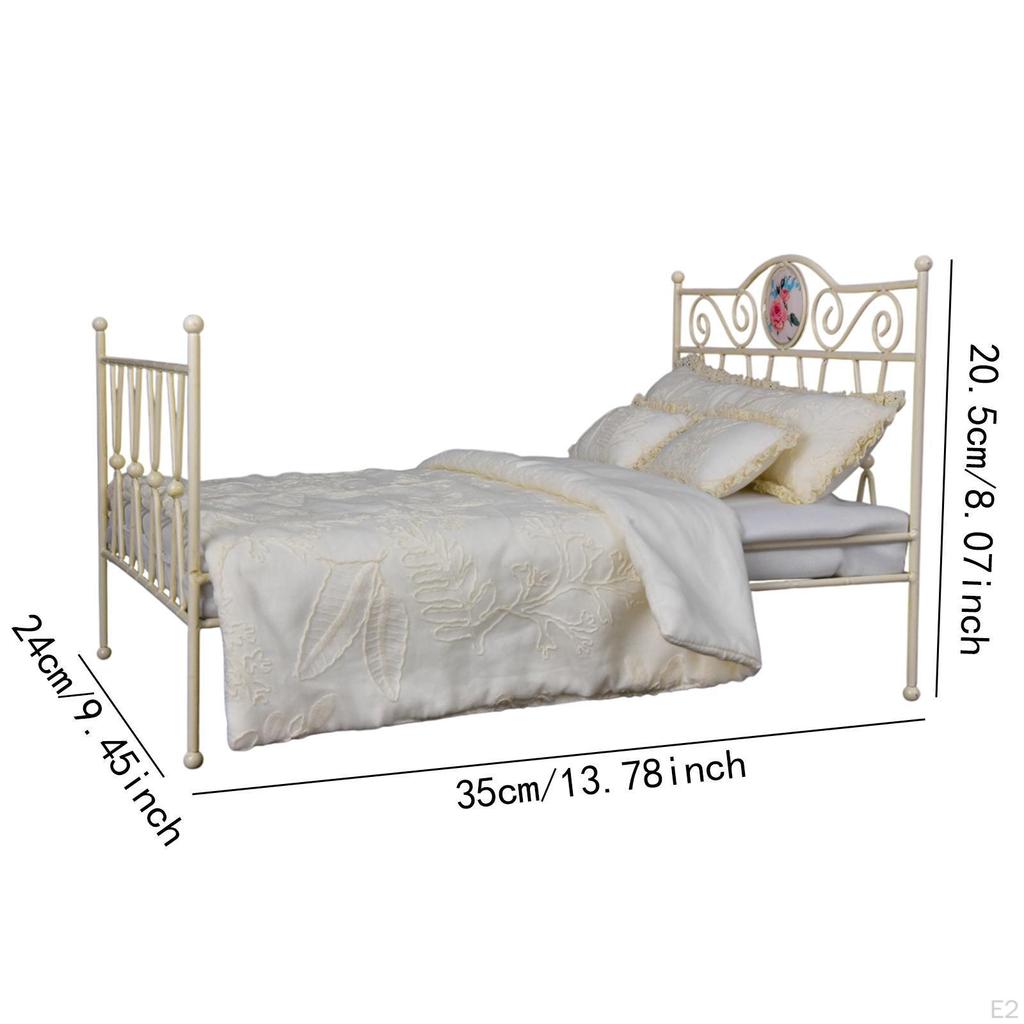 1:6 Iron Bed with Mattress Twin Pretend Play Miniature Furniture Room Mini Retro for Gift
