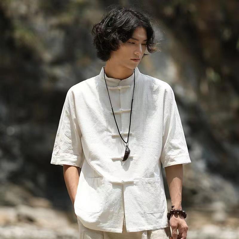 

Мужская рубашка Чжуншань из хлопка и льна с рукавом пять четвертей - Повседневный костюм Тан в китайском стиле для мужчин среднего и пожилого возраста, Летняя одежда L