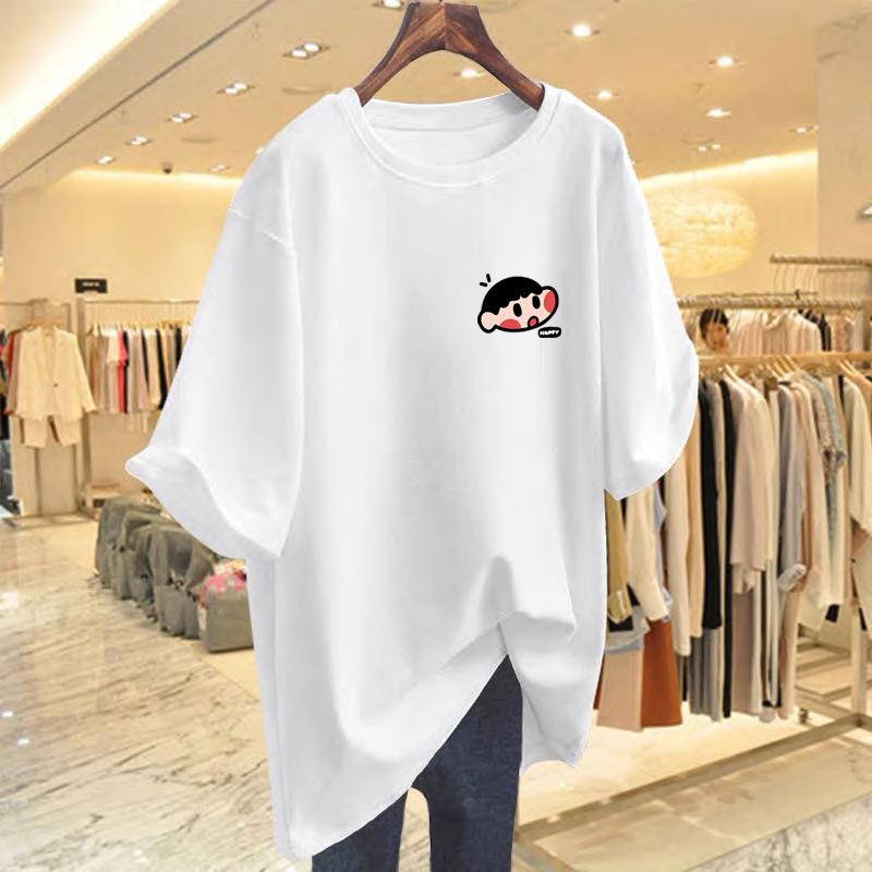 

White Hong Kong style chic cartoon cotton short-sleeved T-shirt women s spring summer new loose large size versatile half-sleeved top S
