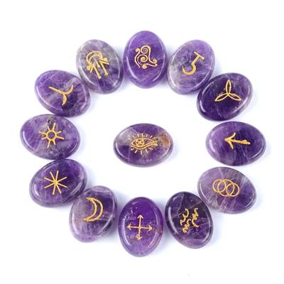 13 Stück/Set Hexenrunen-Ornamente, Naturstein, Kristall, Achat, Quarz, gravierte Runen, ovale Perlen zur Schmuckherstellung, DIY-Zubehör