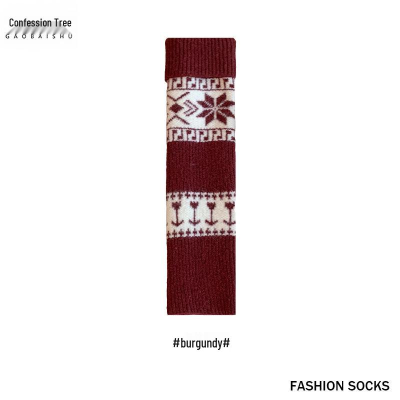 Ethnic Style Wool Leg Warmers: Women’s Thick, Warm, Knitted Calf Warmers with Retro Snowflake Pattern for Autumn and Winter.