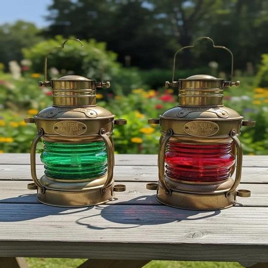 Mosiężna latarnia okrętowa, czerwone zielone szkło, morska lampa naftowa