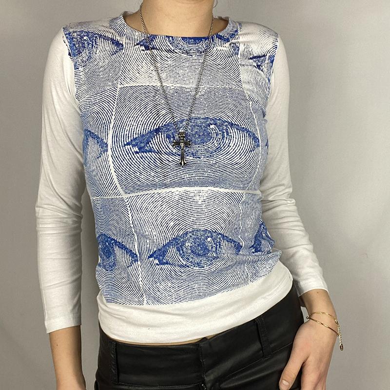 Vintage Y2K Patchwork Zelená trička Ženy Hippie Streetwear Trička s dlouhým rukávem Dámské Kpop Retro Podzimní Crop Tops