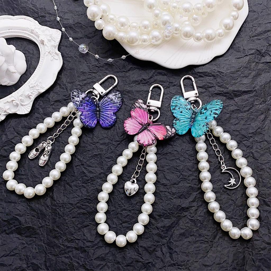 Cute Pendant Keychain with Butterfly Exquisite Pearls Beaded Rings Pendant Keyring Butterfly Keychain Handbag Pendant