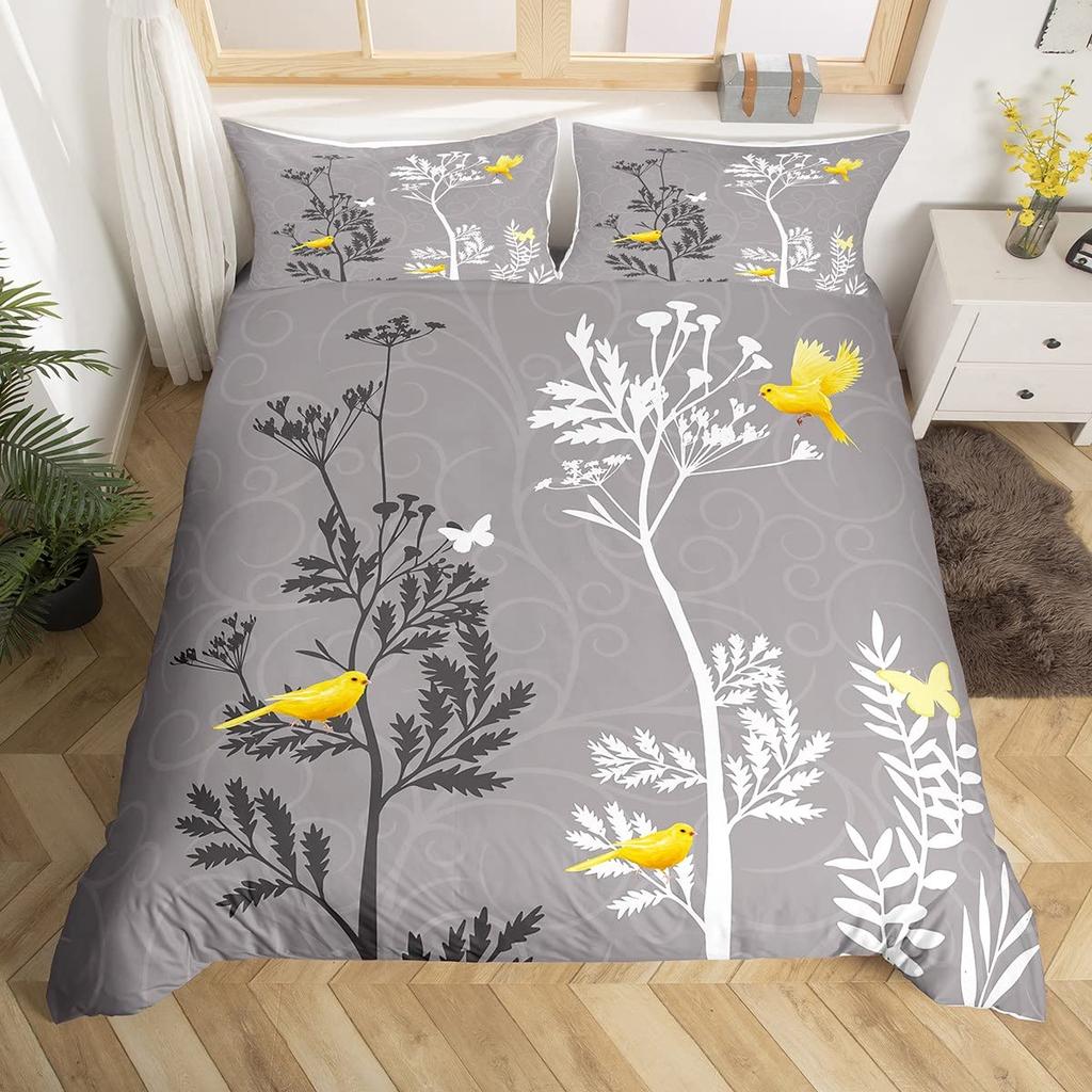 Lovely Bird Duvet Cover Set King Size Spring Floral Butterfly Bedding Set Microfiber Watercolor Garden Flower Comforter Cover