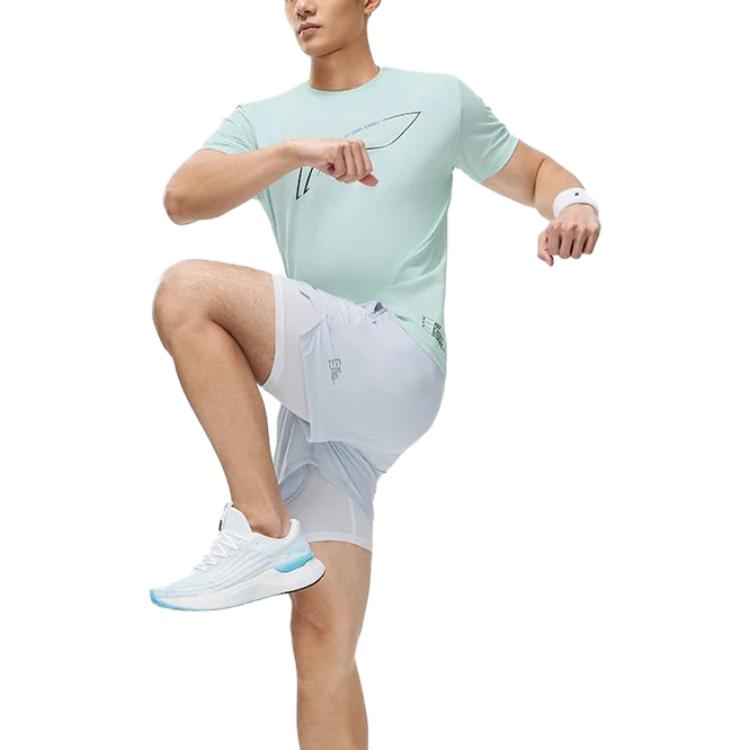 Li Ning Running Collection T Shirts Men's Light Blue Bowl Crew Neck Moderate Straight Fit ATST073-6