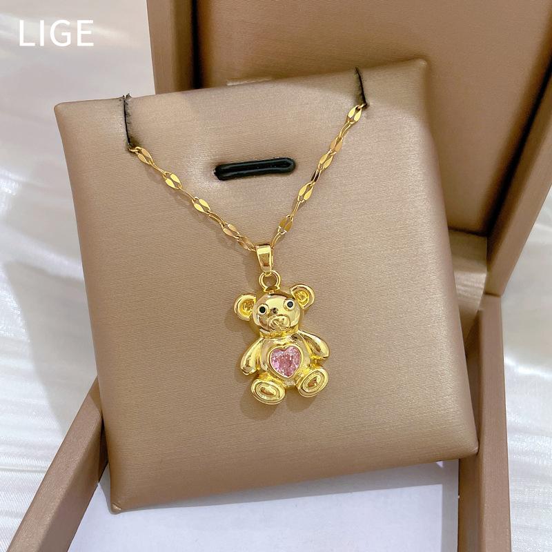 Rosa Dreidimensionaler Bär Leichter Luxus Temperament Wunderschöne Voll-Diamant-Halskette Damen Vielseitige Schlüsselbein-Kette Titanstahl-Kette