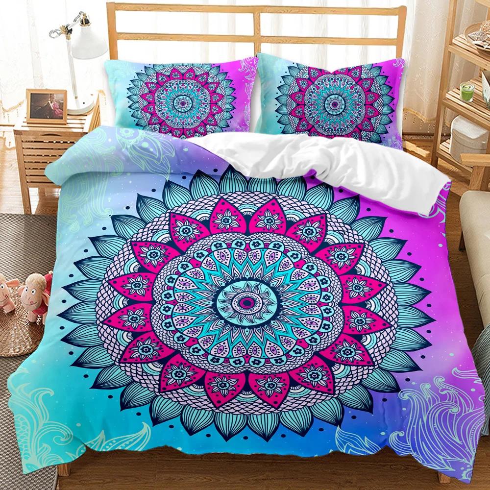 Povlak na přikrývku Bohemian Mandala Queen Size Kravata Spirála Povlak na přikrývku Hippie Boho Povlečení Exotická květinová polyesterová přikrývka