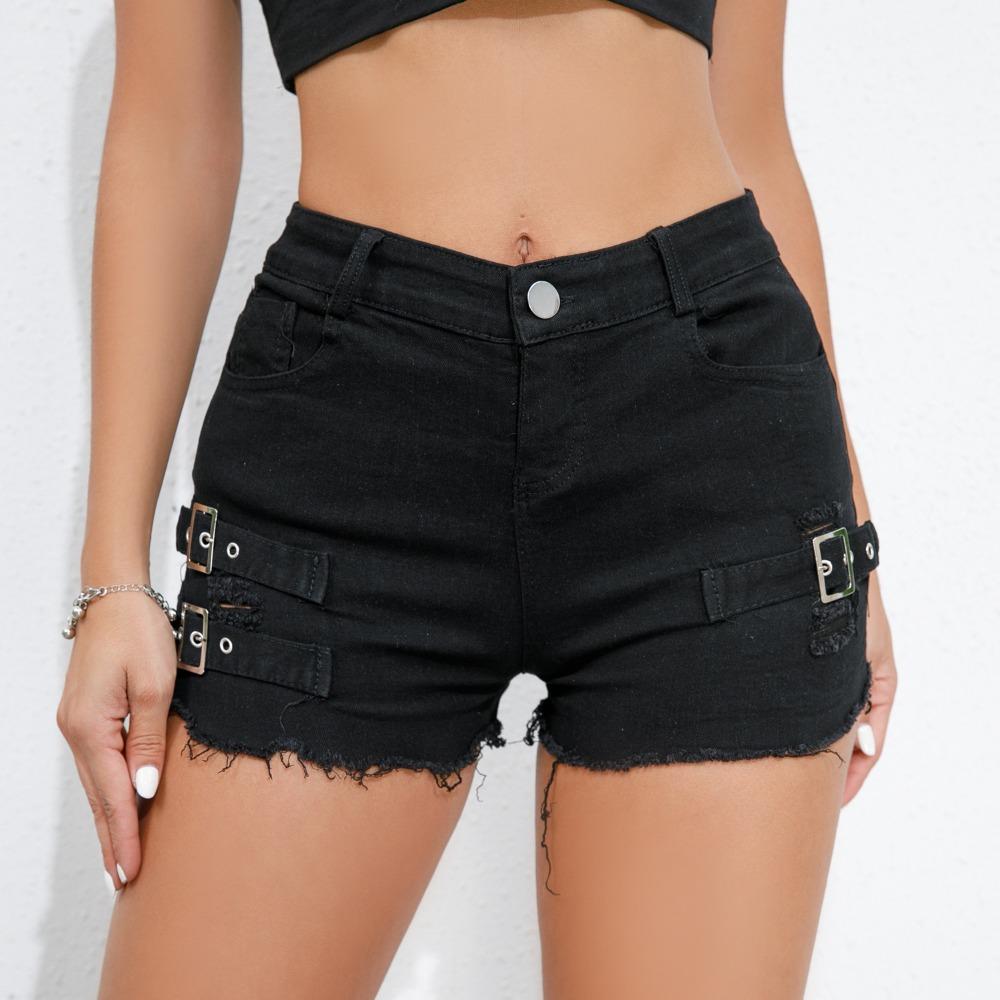 Women's High Waist High Rise Straight Leg Denim Shorts Frayed Ripped Buckle Detail Sexy Streetwear Jean Shorts