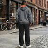 Men's Lined Hooded Sweatsuit Set with Straight Leg Black Pants, Casual Loose Fit for Fall Winter