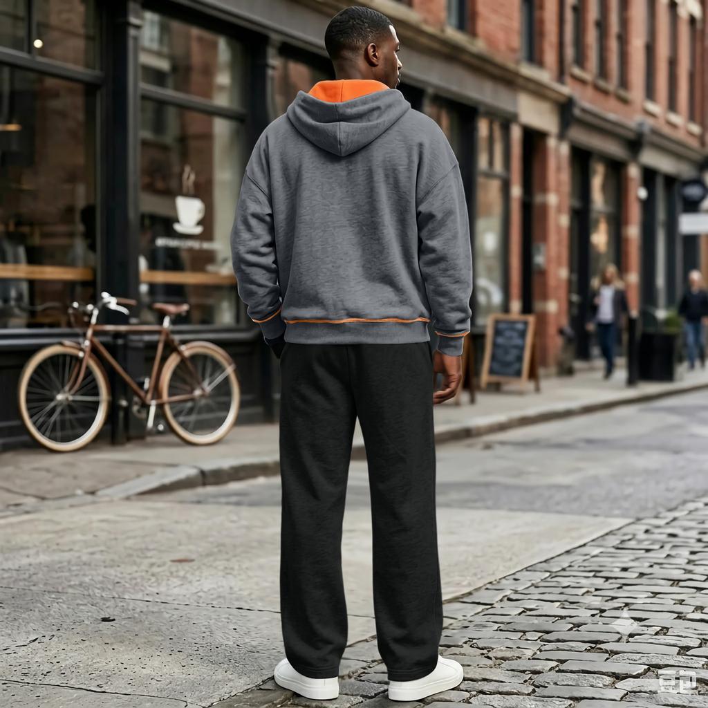 Men's Lined Hooded Sweatsuit Set with Straight Leg Black Pants, Casual Loose Fit for Fall Winter