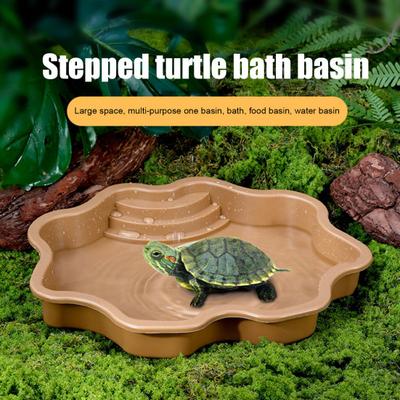 Reptile Bathing Pool Large Tortoise Feeding Dish Water Bowl with Ramp Aquarium Ornament for Lizard Gecko Snake Turtle Bearded Dragon