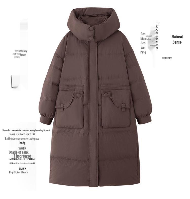 Women's High-End Extra Long White Duck Down Hooded Coat with Large Pockets - YJ6852