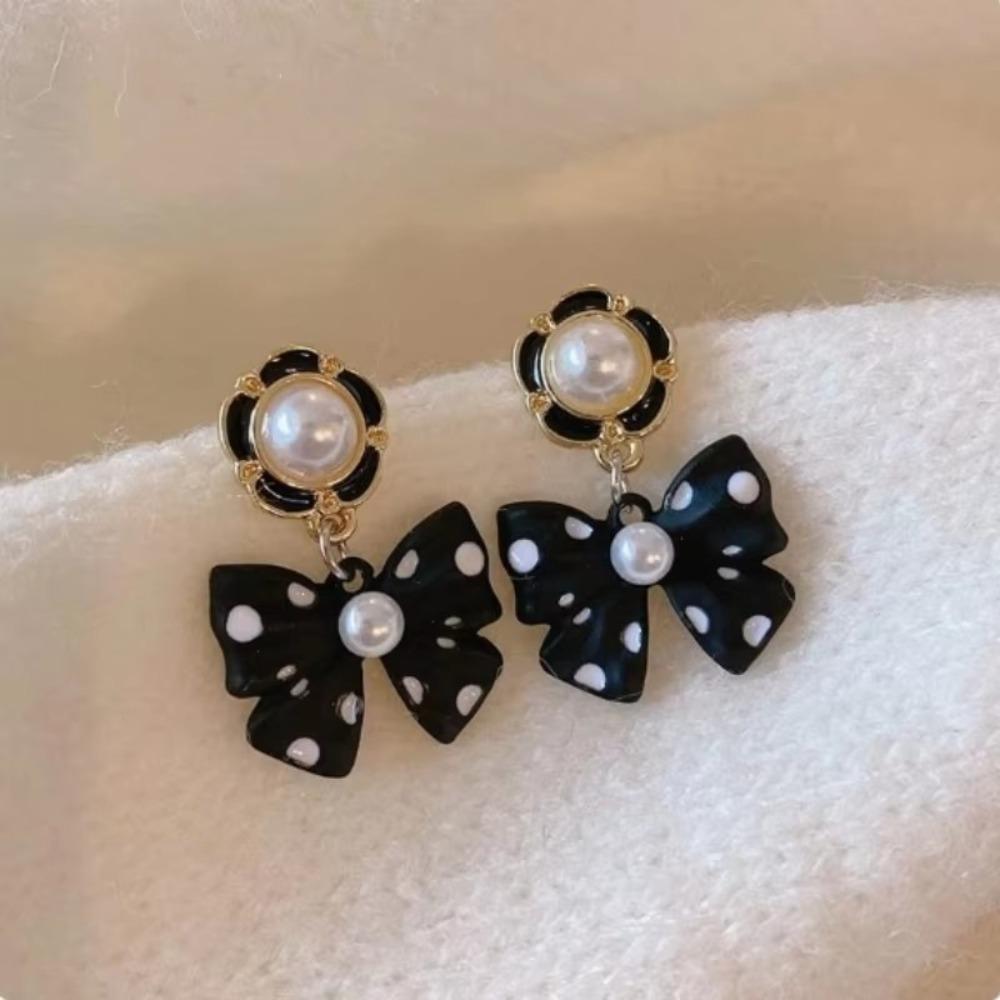 Cute Pearl Bowknot Colorful Polka Dots Bowknot Drop Pendant Earrings for Women Girls Party Dating Wedding Jewelry Accessories