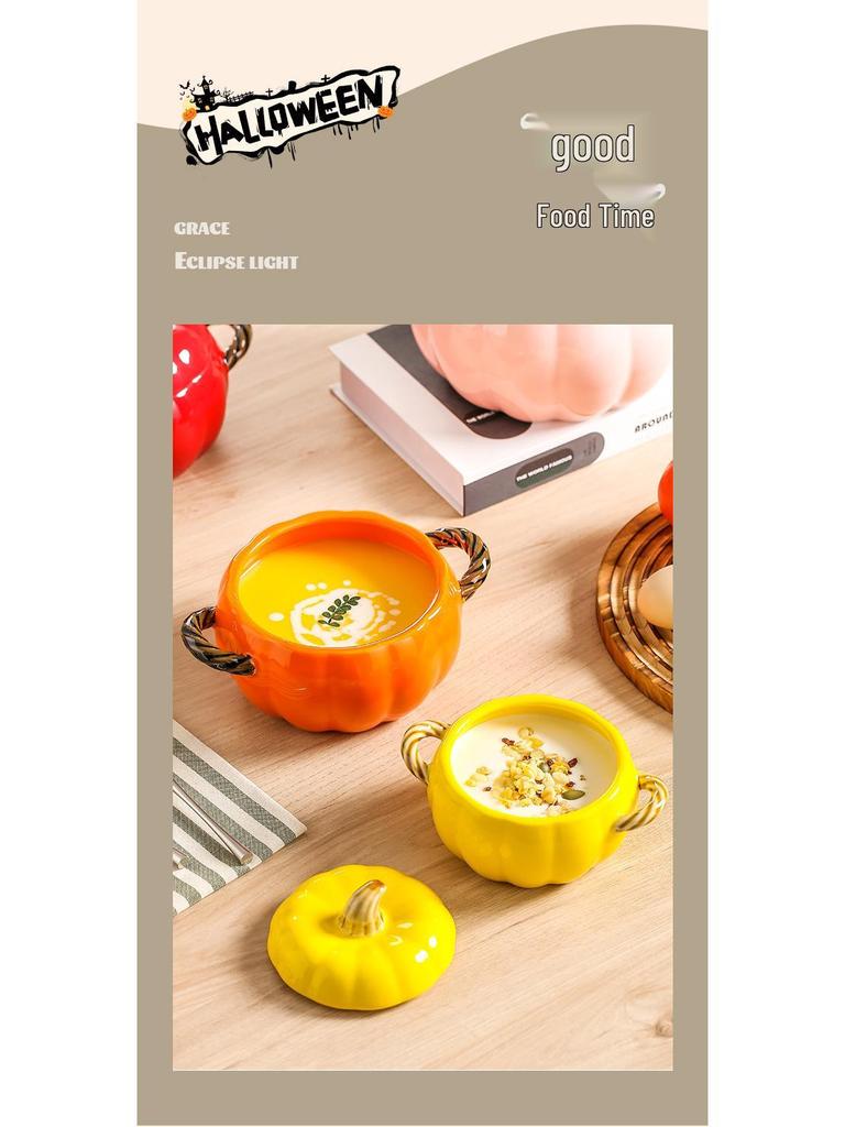 Kürbisförmige Keramik-Suppenschüssel mit Deckel - Großes Doppelohr-Design, Perfekt zum Servieren von Schneckenreisnudeln oder Nudelgerichten