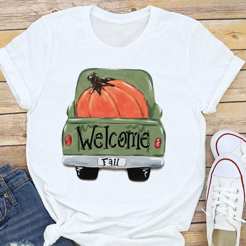 Summer Pumpkin Halloween Thanksgiving Cat with Pumpkin Print Short Sleeve T-shirt Graphic T Shirts Aesthetic Tops