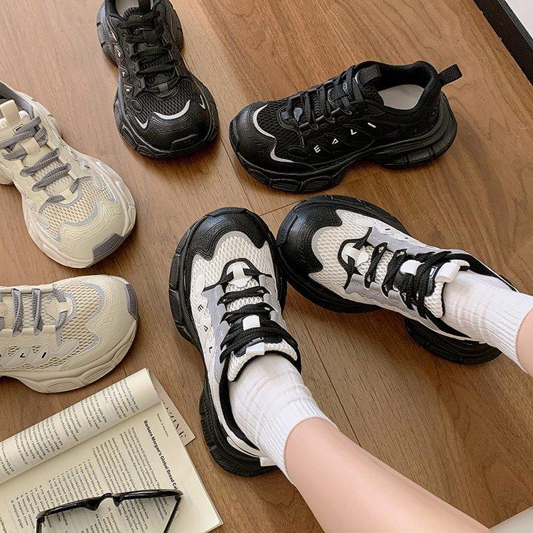 Cowhide version~ 4.5CM shock-absorbing leather thick-soled women's new mesh light sports dad shoes in autumn 2025