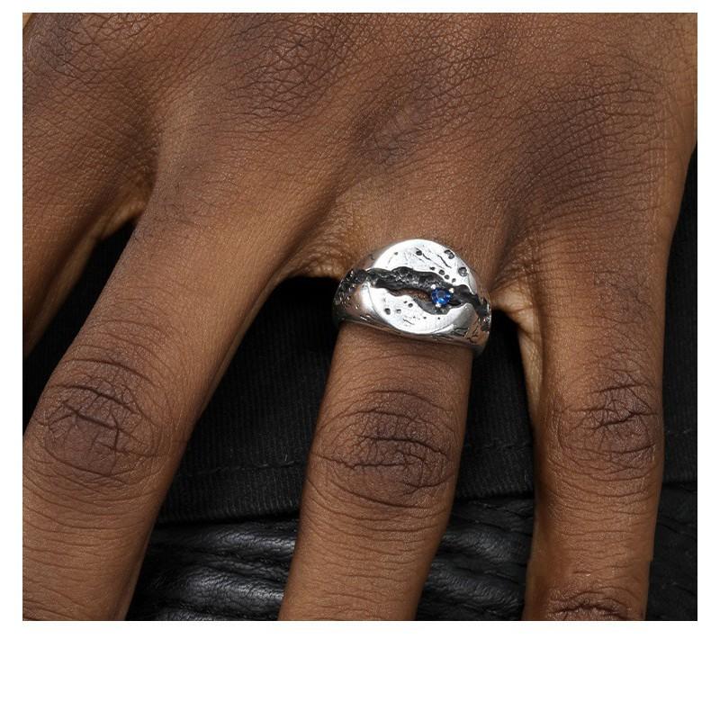 Adjustable Open Ring Men Women Vintage Hip Hop Geometric Crack Design Blue Sapphire Accent Plated